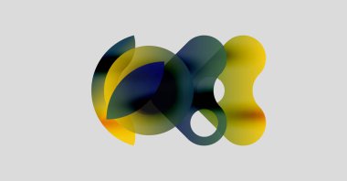 Soyut şekiller örtüşür, canlı renk karışımları yaratır. Sarılar, maviler, yeşiller açık gri arka planda karışıyor. Sıvı formları hareketi önerir.