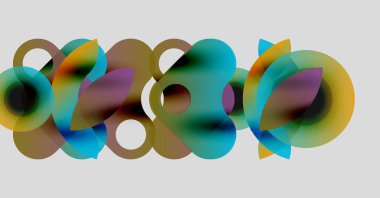 Üstüste binen şeffaf daireler içeren soyut bir kompozisyon. Renkler harmanlanır, yumuşak gradyanlar oluşturulur, dinamik görsel efekt.