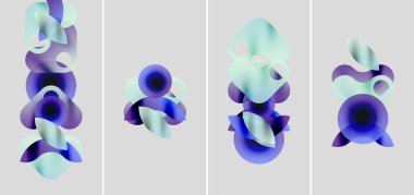 Soyut şekiller, mavi renkler, açık kahverengi tonlar. Dört panelde sıvı formları, üst üste binen katmanlar, yumuşak eğimler var. Minimalist tasarım.