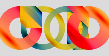 Renkli üst üste binen daireler soyut tasarım yaratır. Gradyan renkler harmanlanır ve dinamik görsel kompozisyon oluşturur. Modern, canlı, sanatsal.