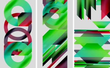 Soyut geometrik bileşim. Canlı renkler karışıyor, katmanlı şekiller yaratıyor. Dinamik görsel etkiye sahip modern tasarım.