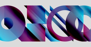 Üst üste binen geometrik şekilleri içeren soyut bileşim. Mavi, mor renkler tasarımda baskın, dinamik görsel efekt yaratır.