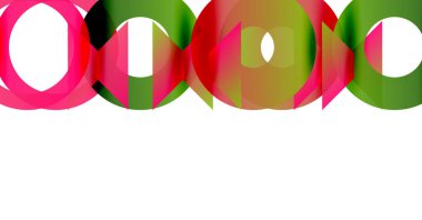 Üst üste binen dairelerin soyut grafik tasarımı. Pembe, yeşil, kırmızı renkler kompozisyona hakim. Minimalist tarz, mevcut temiz çizgiler.