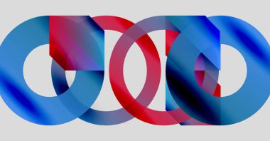 Birbirine kenetlenmiş halkalar, parlak mavi, kırmızı renkler. Soyut tasarım, modern estetik, pürüzsüz gradyanlar dinamik görsel etki yaratır.