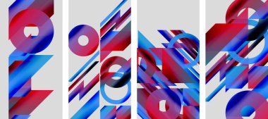 Soyut geometrik bileşim. Kırmızı, mavi gradyanlar baskın. Paneller dinamik şekilleri, çizgileri, daireleri gösterir. Modern tasarım elemanları.