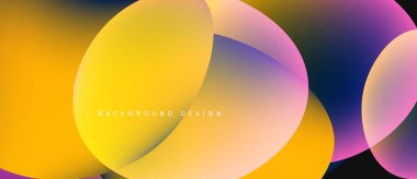 Soyut renkli çemberler çakışıyor, canlı gradyanlar yaratıyor. Sarılar, portakallar, morlar kusursuz bir şekilde harmanlanır. Modern tasarım ögesi.