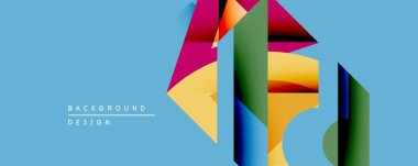 Soyut geometrik şekiller örtüşür, canlı renk blokları oluşturur. Mavi zemin dinamik kompozisyonu vurguluyor. Arkaplan ve sunumlar için modern tasarım ögesi.