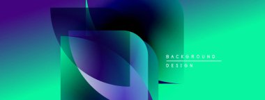 Soyut geometrik şekiller örtüşüyor, canlı renk eğimleri yaratıyor. Turkuaz, mor renkler tasarımda baskın. Modern estetik.