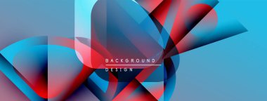 Soyut geometrik şekiller üst üste binerek dinamik mavi ve kırmızı gradyanlar oluşturur. Modern tasarım elementleri yenilik ve teknoloji öneriyor. Arkaplan özellikleri metin arkaplanı, tasarım.