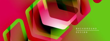 Soyut geometrik şekiller çakışıyor. Canlı pembe, yeşil renkler kompozisyona hakim. Modern tasarım dinamik enerji ve görsel ilgi öneriyor.