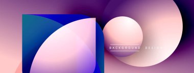 Soyut şekiller örtüşür, yumuşak eğimler yaratır. Mor, mavi, pembe renkler kompozisyona hakim. Modern tasarım ögesi.