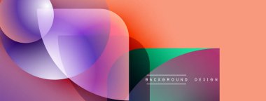 Soyut şekiller örtüşüyor, canlı renk değişimleri yaratıyor. Pembe, mor, deniz mavisi renkleri dizaynda baskın. Modern estetik, basit metin mevcut.