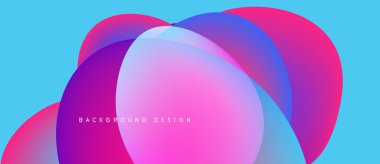 Soyut sıvı şekilleri örtüşür ve canlı renk değişimleri yaratır. Mavi, pembe, mor renkler tasarımda baskın. Modern estetik.