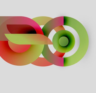 Soyut tasarım özellikleri üst üste binen renkli daireler. Gradyan gölgeler dinamik görsel efekt yaratır. Modern, minimalist kompozisyon.