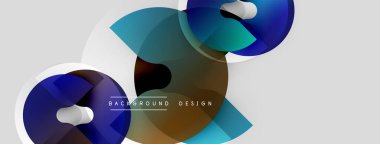 Soyut şekiller örtüşür, dinamik bileşim yaratır. Mavi, kahverengi, bej renkler nötr arkaplana hakim. Modern tasarım ögesi.