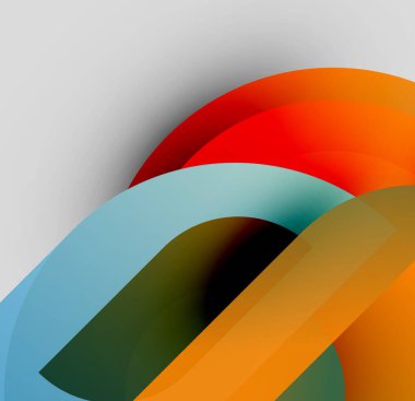 Soyut şekiller örtüşür, canlı renk karışımları yaratır. Yumuşak eğimler hareketi, derinliği gösterir. Minimalist tasarım, modern estetik.