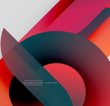 Soyut geometrik şekiller örtüşüyor, canlı renk eğimleri yaratıyor. Modern tasarım elementleri dinamik bileşimi önerir.