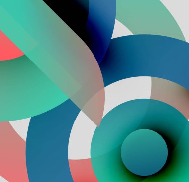 Üstüste binen şeffaf daireler içeren soyut bir kompozisyon. Renkler arasında deniz mavisi, kırmızı, beyaz, mavi, gri var. Minimalist tasarım, modern estetik.