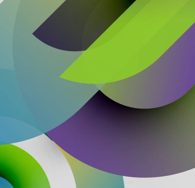 Soyut şekiller örtüşür, canlı renk karışımları yaratır. Yumuşak eğimler derinliği, modern tasarımı önerir. Minimalist kompozisyon.