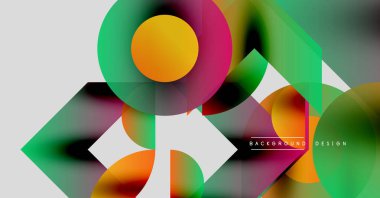 Soyut geometrik şekiller örtüşür, canlı renkli kompozisyon oluşturur. Modern tasarım elementleri akıcılık ve dinamizmi önerir.