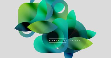 Soyut çiçek tasarımı. Üstüste binen yarı saydam şekiller canlı bileşim oluşturur. Yeşiller, maviler nötr arkaplana hakim. Modern estetik.