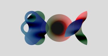 Soyut şekiller örtüşür, renkli sıvı formları yaratır. Yumuşak gradyanlar açık gri arkaplanda mavileri, yeşilleri, kırmızıları, siyahları harmanlarlar.