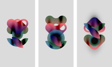 Soyut sanat eserleri. Üç panel üst üste binen renkli şekiller, gradyanlar, yumuşak kenarlar gösteriyor. Minimalist tasarım, hafif arkaplan.