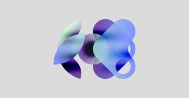 Soyut şekiller örtüşür, yumuşak eğimler yaratır. Maviler kompozisyona hakim. Minimalist tasarım, modern estetik.