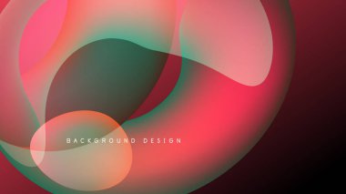 Soyut şekiller örtüşür, canlı renk karışımları yaratır. Kırmızı, turuncu, deniz mavisi renkleri koyu arkaplana hakim. Modern tasarım ögesi.