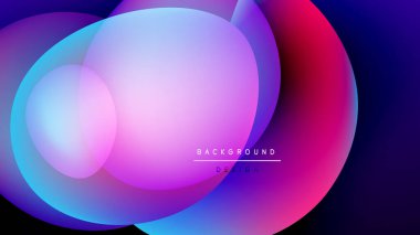 Soyut sıvı şekilleri örtüşür ve canlı renk değişimleri yaratır. Koyu arkaplan parlak mor, pembe ve mavi renkleri vurgular. Modern tasarım ögesi.