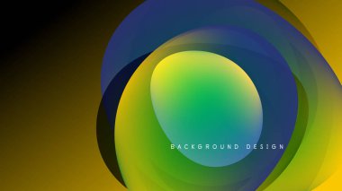 Soyut katmanlar canlı dairesel tasarım yaratır. Renkler karışıyor, dinamik görsel etki oluşturuyor. Geçmişi karanlık, parlak şekilleri vurguluyor..