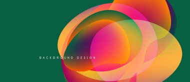 Soyut renkli çakışan daireler. Canlı gradyanlar dinamik görsel efekt yaratır. Koyu yeşil arka plan karşıtlık sağlar. Modern tasarım ögesi.