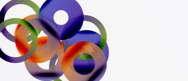 Soyut kompozisyon özellikleri üst üste binen renkli çemberler. Şekiller karışır, dinamik görsel efekt yaratır. Modern tasarım, canlı renkler.