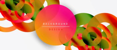 Soyut renkli daireler beyaz uzayla örtüşüyor. Modern tasarım elementleri dinamik görsel doku oluşturur. Parlak renkler enerjiyi, yeniliği gösterir.