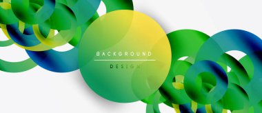 Soyut daireler örtüşüyor, canlı yeşil, sarı, mavi gradyanlar oluşturuyor. Arka planlar ve sunumlar için modern tasarım öğesi. Temiz, dinamik bileşim.