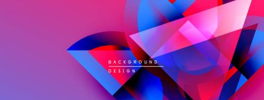 Soyut geometrik şekiller örtüşüyor, canlı renk eğimleri yaratıyor. Pembe, mavi, kırmızı renkler tasarımda baskın. Modern estetik.