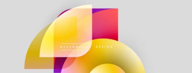 Soyut şekiller örtüşüyor, canlı renk değişimleri yaratıyor. Sarı, mor, kırmızı renkler açık gri arkaplana hakim. Modern tasarım ögesi.