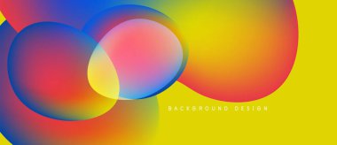 Canlı soyut dizayn özellikleri üst üste binen renkli daireler. Sarı arkaplan, kırmızı, turuncu ve mavi renkleri tamamlar. Modern estetik.