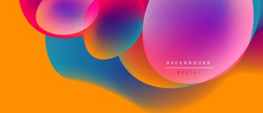 Soyut, enerjik şekiller çakışıyor ve akışkan renkli bileşimler oluşturuyor. Turuncu arka plan moru tamamlar, mavi renk. Modern tasarım ögesi.