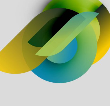 Soyut şekiller örtüşüyor, canlı renk değişimleri yaratıyor. Sarı, yeşil, mavi renkler kusursuz bir şekilde harmanlanır. Modern tasarım, dinamik kompozisyon.