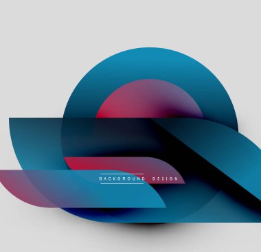 Soyut şekiller örtüşür, dinamik bileşim yaratır. Mavi, morumsu renkler dizaynın hakimi. Minimalist tarz, modern estetik. Arkaplan özellikleri metin.