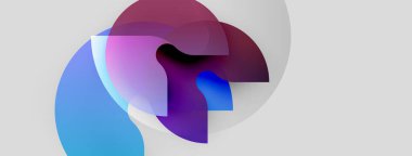 Soyut şekiller üst üste binerek sıvı formları oluşturur. Renkler harmanlanmış mor, mavi, pembe beyaz arka plan. Modern tasarım, yumuşak gradyanlar mevcut.