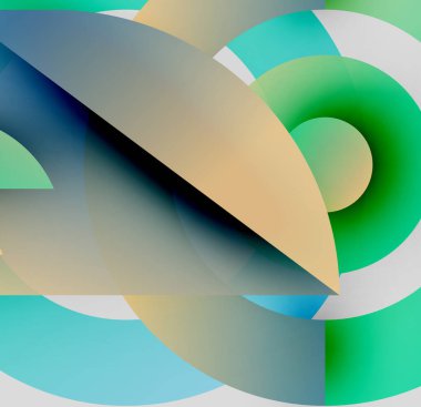 Soyut kompozisyon. Üst üste binen şekiller dinamik görsel efekt yaratır. Renkler harmanlanır, değişkenler oluşur, kıvrımlar dizayna hakim olur.