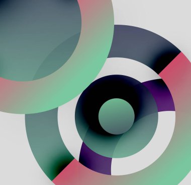 Soyut daireler örtüşür, canlı renk karışımları yaratır. Tasarım, değişkenleri, şekilleri, modern estetiği barındırır. Minimalist kompozisyon.