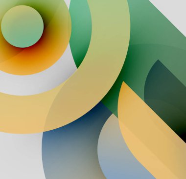 Üst üste binen daireler, gradyanlar içeren soyut kompozisyon. Renkler turuncu, yeşil, sarı, mavi, beyaz. Minimalist tasarım, yumuşak dokular.