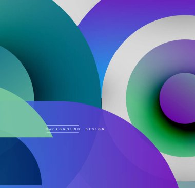 Soyut geometrik şekiller örtüşüyor, canlı renk eğimleri yaratıyor. Modern tasarım daireler, eğriler, pürüzsüz geçişler kullanır.