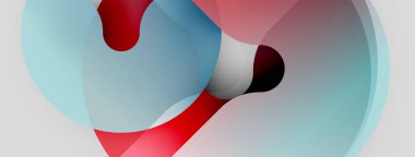 Soyut kompozisyon. Akışkan şekiller üst üste biniyor, dinamik kırmızı, beyaz, mavi gradyanlar oluşturuyor. Minimalist tasarım, düz dokular mevcut.