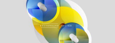 Soyut tasarım, üst üste binen daireler, silindirler, canlı sarı, mavi renkler. Minimalist tarz, modern estetik, açık gri arkaplan.