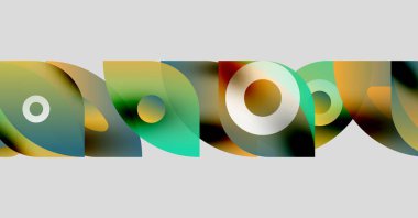 Soyut şekiller örtüşüyor, renkli desenler oluşturuyor. Çemberler, kıvrımlar, gradyanlar kompozisyona hakim. Modern tasarım ögesi.