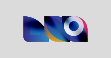 Soyut logo tasarımı, üst üste binen mavi, turuncu şekiller harf oluşturur. Açık gri arka planda modern, canlı bir estetik..